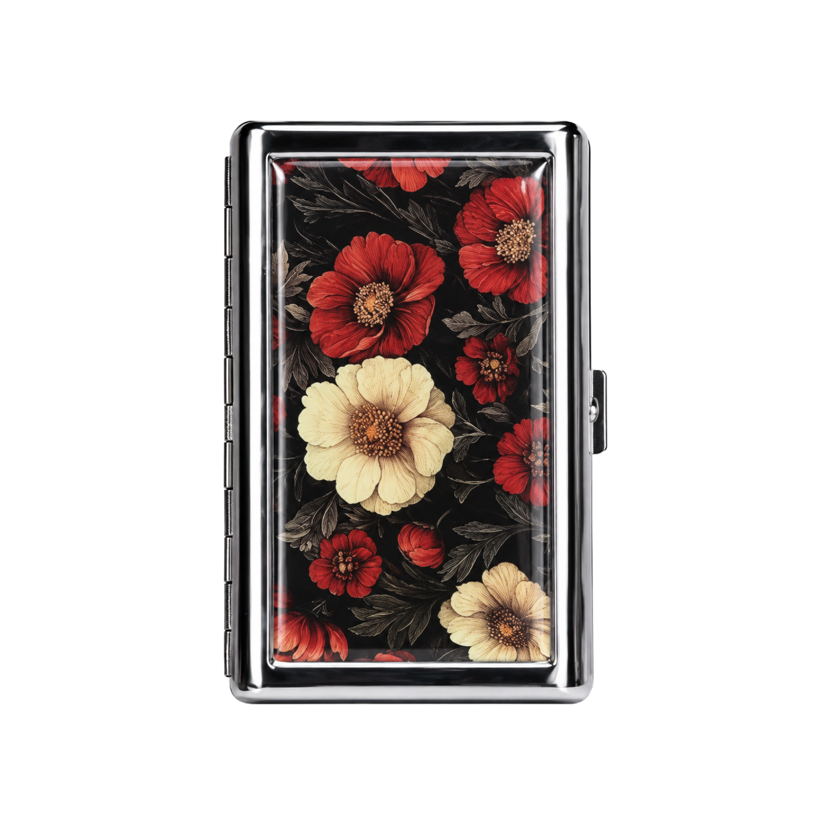 A rectangular metal card case with a polished silver border, featuring a vintage floral design on the front with red and cream flowers on a black background.
