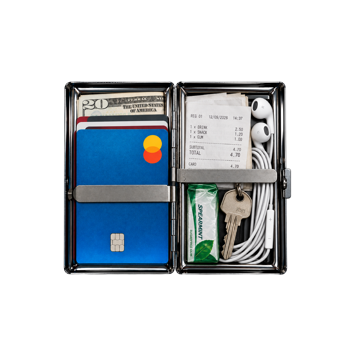 A slim metal card holder wallet shown open, filled with sample cards, cash, a receipt, earbuds, keys, and a green packet, on a plain white background.